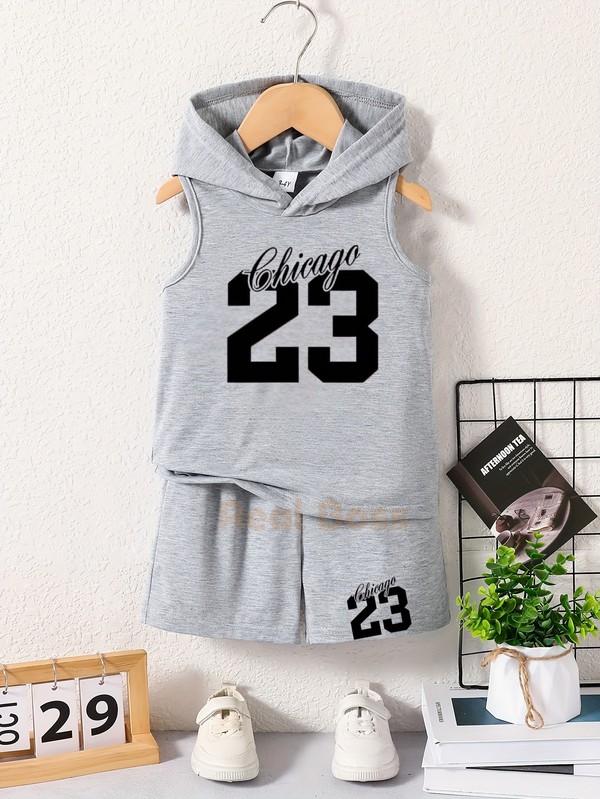 Boys' Summer Hooded Fashion Simple Popular Chicago 23 Print Shorts Set, for Outdoor, Sleeveless, Casual Summer Outfit, Lightweight Polyester Blend, Easy Care