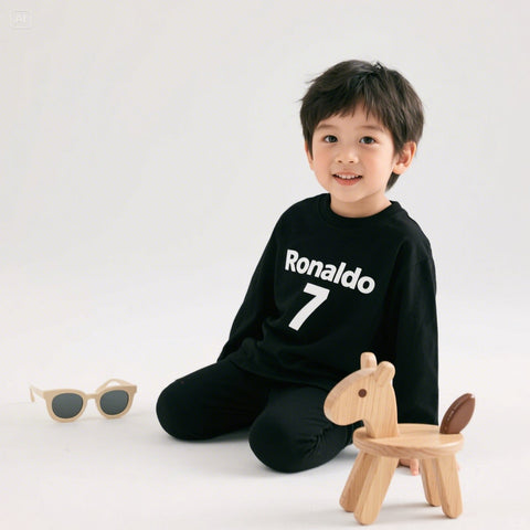 All-Weather Kids Tracksuit –Ronaldo 7 print Full Sleeve Sweat Shirt and Black Trouser Set for Active Boys & Girls