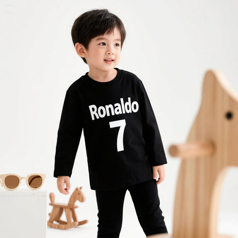 All-Weather Kids Tracksuit –Ronaldo 7 print Full Sleeve Sweat Shirt and Black Trouser Set for Active Boys & Girls