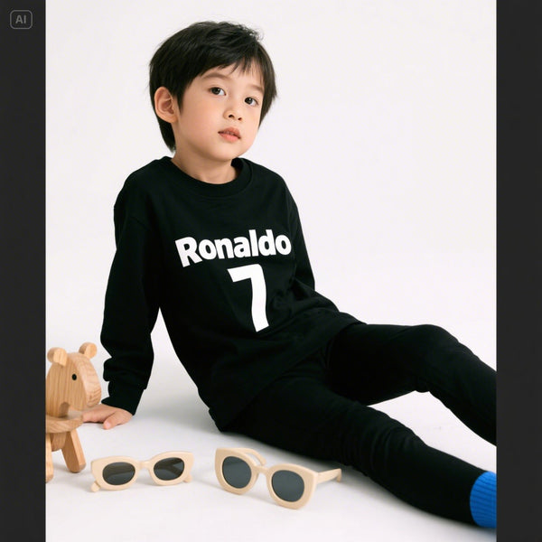 All-Weather Kids Tracksuit –Ronaldo 7 print Full Sleeve Sweat Shirt and Black Trouser Set for Active Boys & Girls