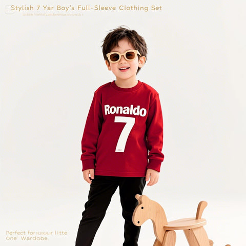 All-Weather Kids Tracksuit –Ronaldo 7 print Full Sleeve Sweat Shirt and Black Trouser Set for Active Boys & Girls