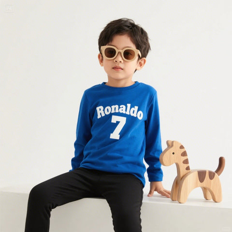 All-Weather Kids Tracksuit –Ronaldo 7 print Full Sleeve Sweat Shirt and Black Trouser Set for Active Boys & Girls