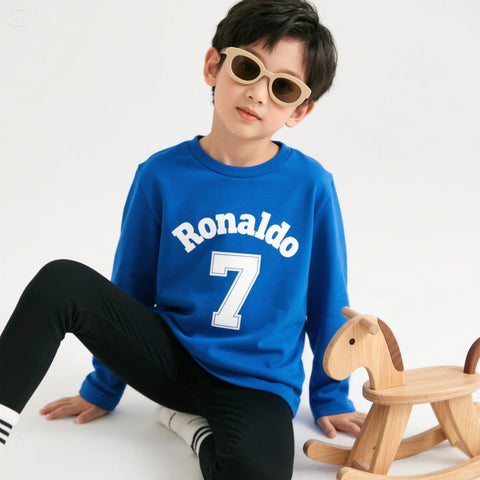 All-Weather Kids Tracksuit –Ronaldo 7 print Full Sleeve Sweat Shirt and Black Trouser Set for Active Boys & Girls